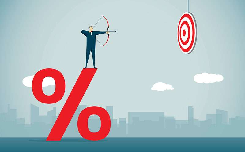 Illustration of man shooting a bow at a target while standing on a percent symbol