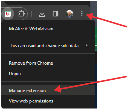 click three dots next to McAfee Web Advisor and choose Manage Extension