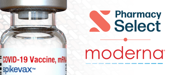 pharmacy select and moderna logos with COVID-19 Vial