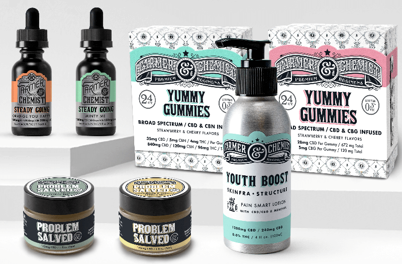 Farmer & Chemist CBD Display with CBD gummies, tinctures, and more.