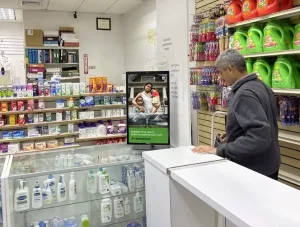 dolphin digital ooh screen displaying ad in pharmacy