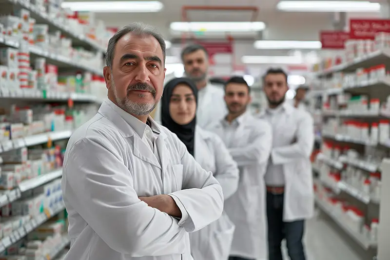 Pharmacists in lab coats, in the background a pharmacy with shelves of medicines - Pharmacy Team