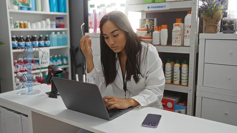 Woman working at a pharmacy using a laptop for her tasks while adjusting her glasses