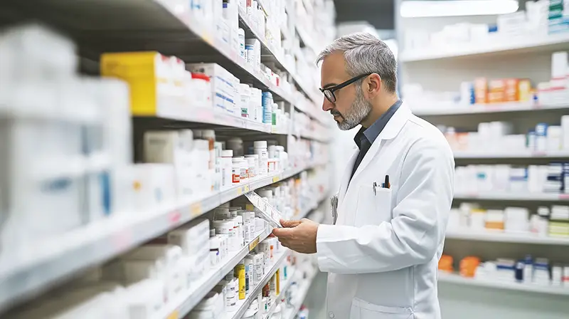 male pharmacist inspecting prescription medication
