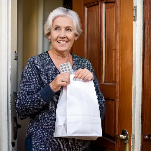 eldery woman holding prescription bag at front door of house