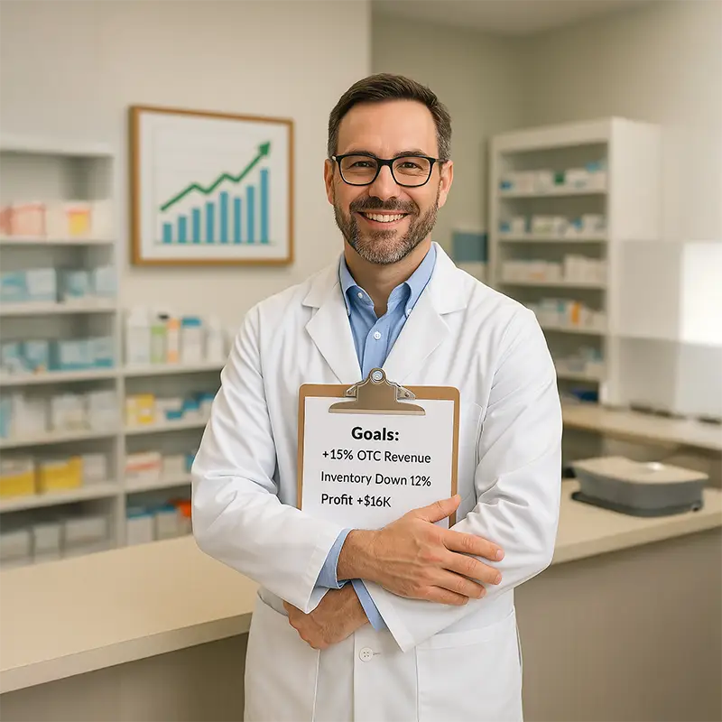 pharmacist holding clipboard in pharmacy