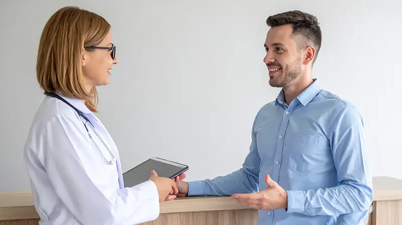 pharmacist speaking to doctor detailing patient care plan
