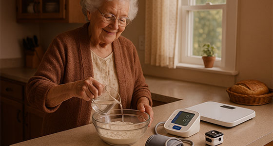 elderly woman making bread dough with Remote Patient Monitoring equipment on the counter