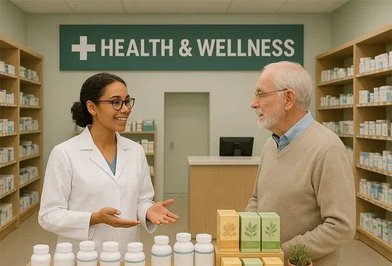 Pharmacist interacting with senior male patient