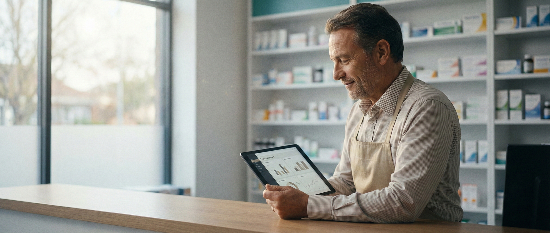 pharmacist looking at dashboard on tablet in pharmacy