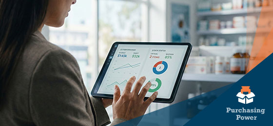 pharmacist on tablet in pharmacy feature