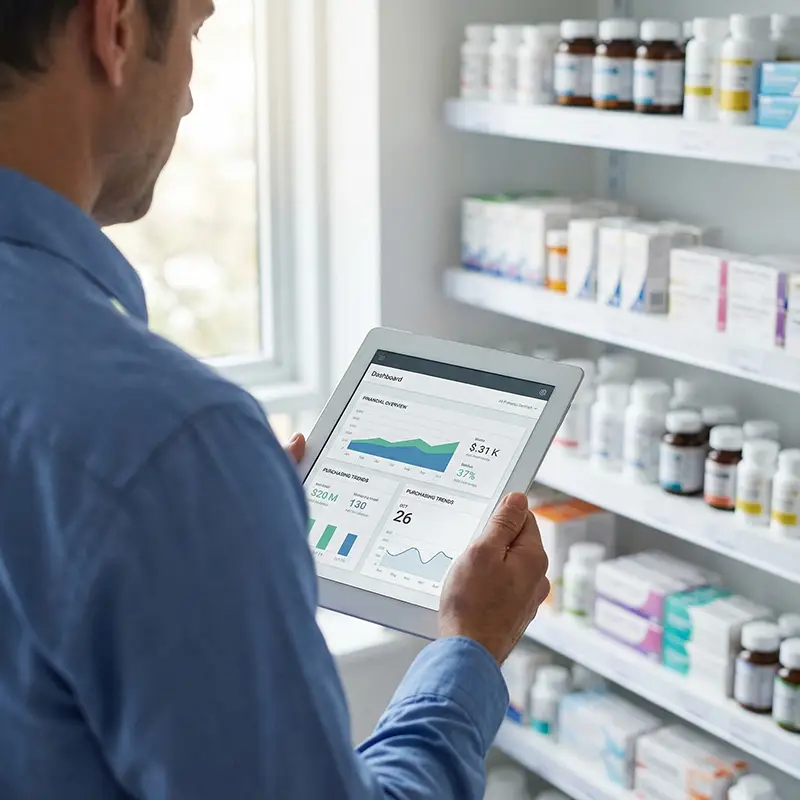 pharmacy owner reviewing financial and purchasing dashboards on a tablet in pharmacy