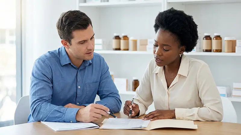 two professionals seated at a table in a pharmacy setting, reviewing documents together in a collaborative posture
