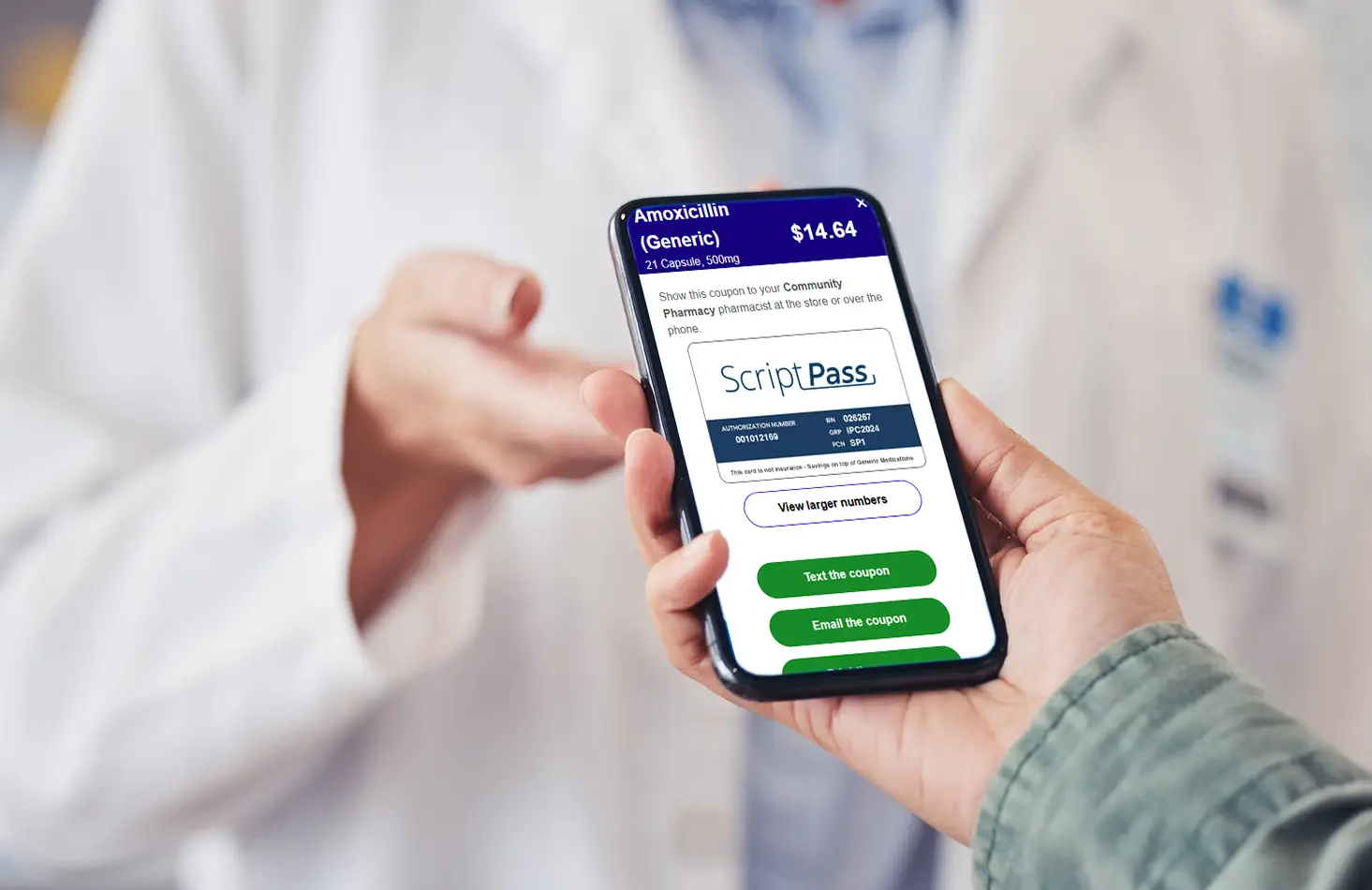 patient showing script pass coupon to pharmacist on mobile phone v2