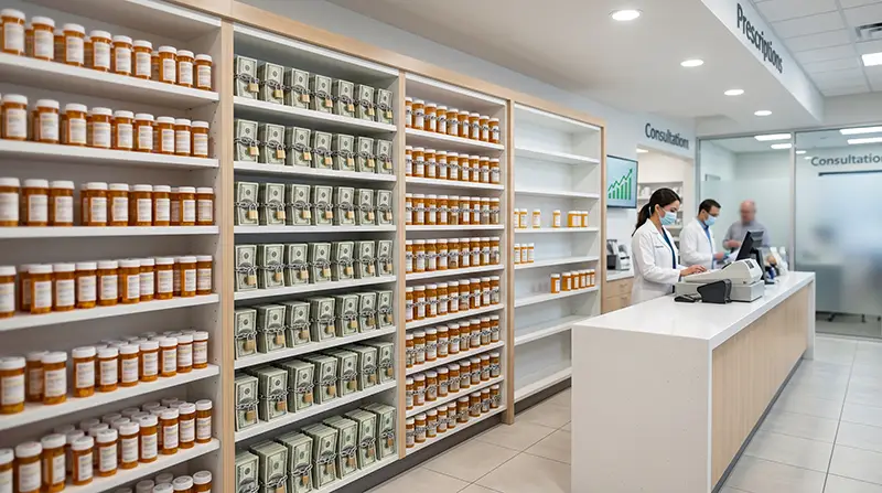 A modern pharmacy interior with shelves fully stocked with prescription bottles,