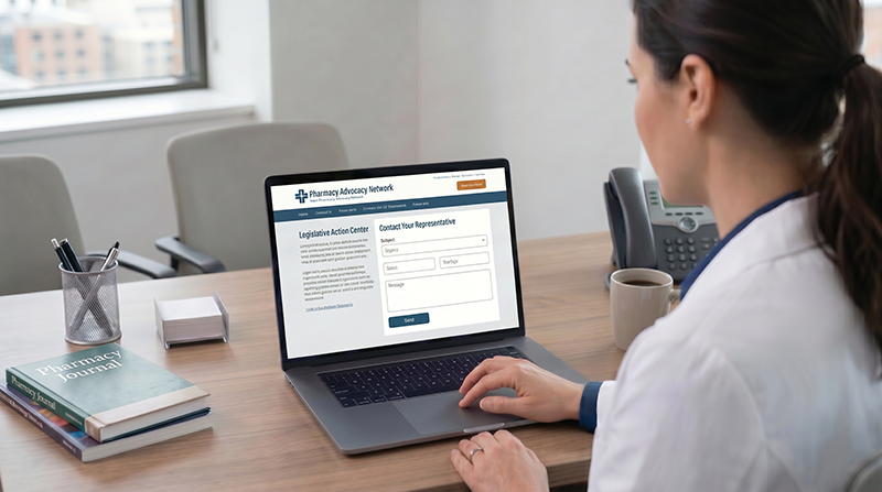 Pharmacy professional seated at a desk using a laptop displaying a legislative action center webpage with a contact form to reach a representative, surrounded by a clean office setting with a phone, notebook, and pharmacy-related materials.