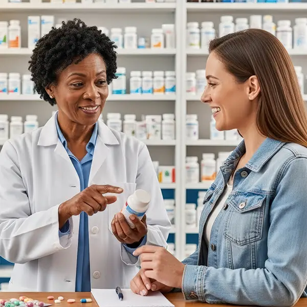 Pharmacist explaining prescription medication to a patient at an independent pharmacy counter, demonstrating personalized care