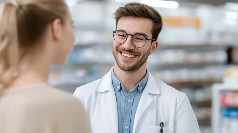 Pharmacist speaking with a patient at a pharmacy counter, demonstrating personalized guidance and direct patient interaction