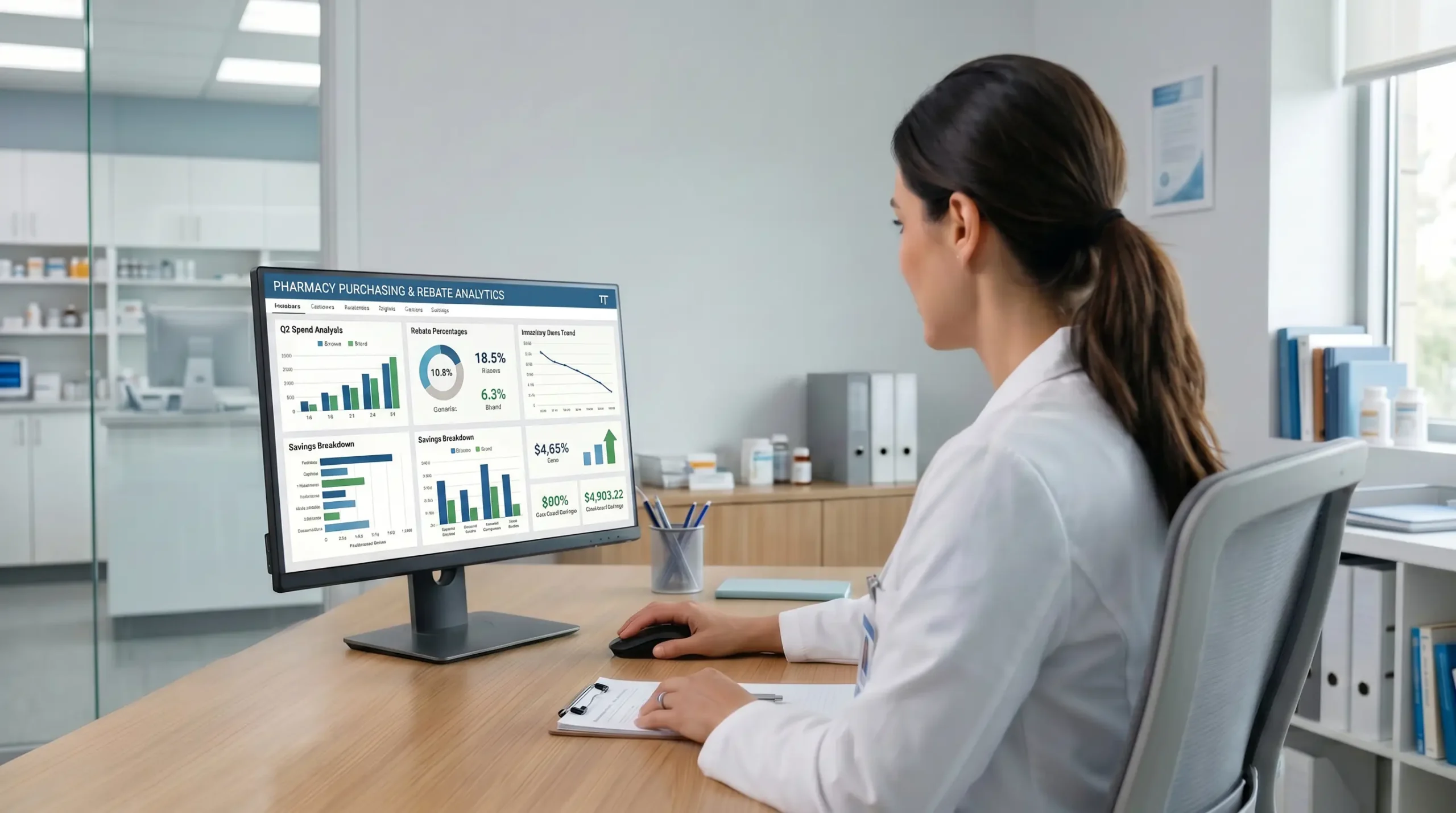 Pharmacist seated at a desk reviewing a computer dashboard displaying pharmacy purchasing and rebate analytics, including charts on spending, rebate percentages, and savings breakdown, in a clean clinical office setting with shelves of medications in the background.