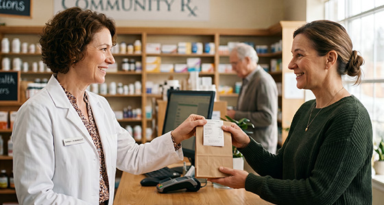 independent pharmacist handing prescription to patient