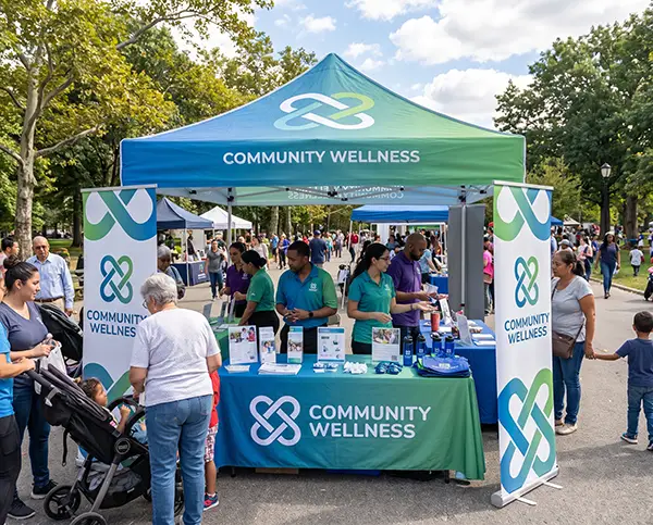 Outdoor community health fair hosted by an independent pharmacy