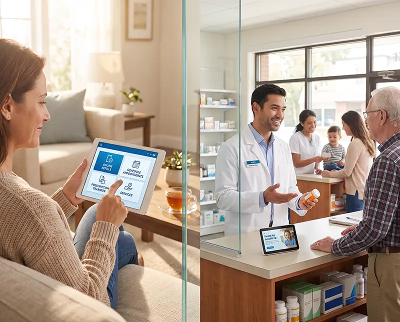 Split-screen showing a patient using a pharmacy website at home while pharmacy staff assist patients in-store