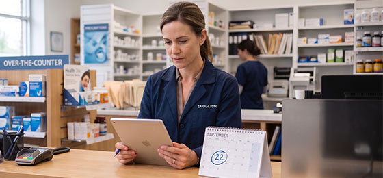 Pharmacy staff member using a tablet at a pharmacy counter while reviewing prescription operations and DSCSA compliance processes.