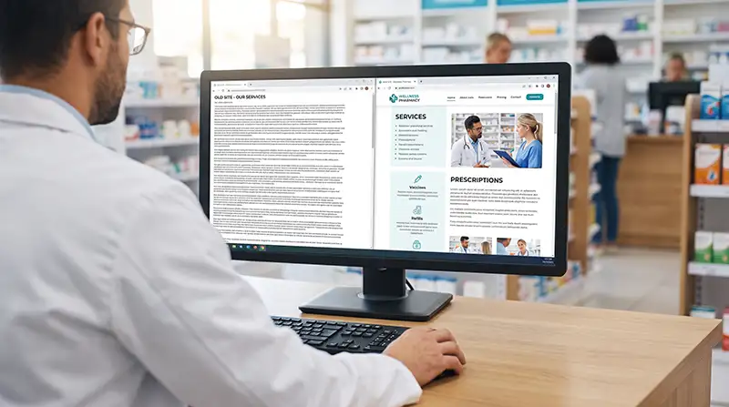 pharmacist looking at nicely formatted website on computer in pharmacy