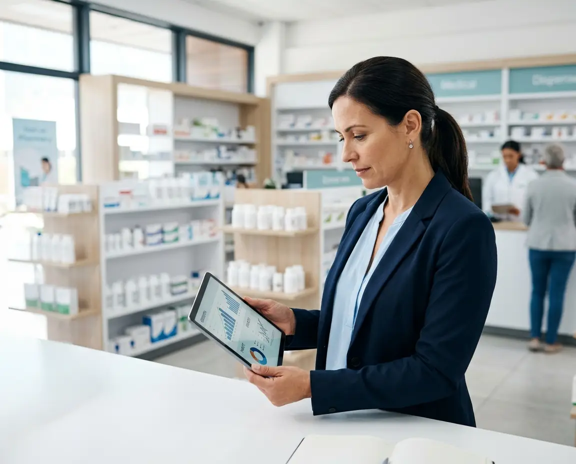 pharmacist reviewing dashboard on tablet in pharmacy