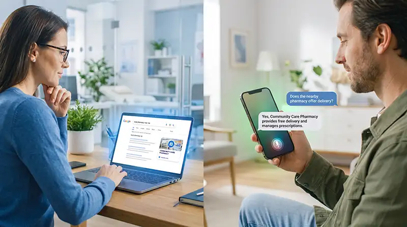 split screen of pharmacist looking at website and patient asking AI Assitant questions about the pharmacy