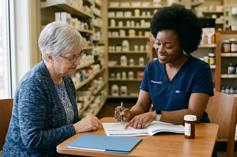 A pharmacist and an older adult patient sit together at a small, clean consultation table reviewing healthcare coverage information