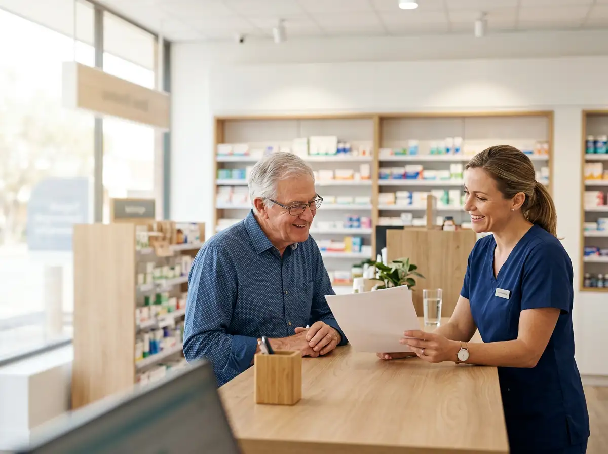 Medicare Open Enrollment 2026 - pharmacist helping elderly patient in independent pharmacy