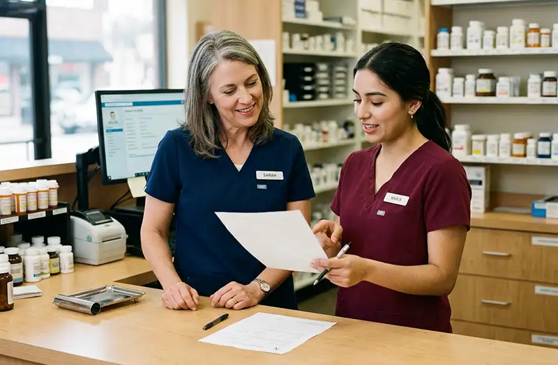 Two pharmacy team members reviewing medicare open enrollment paperwork