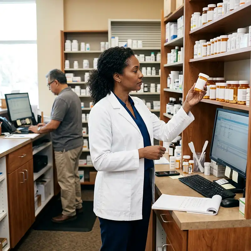 Independent pharmacy owner managing daily operations behind the pharmacy counter.
