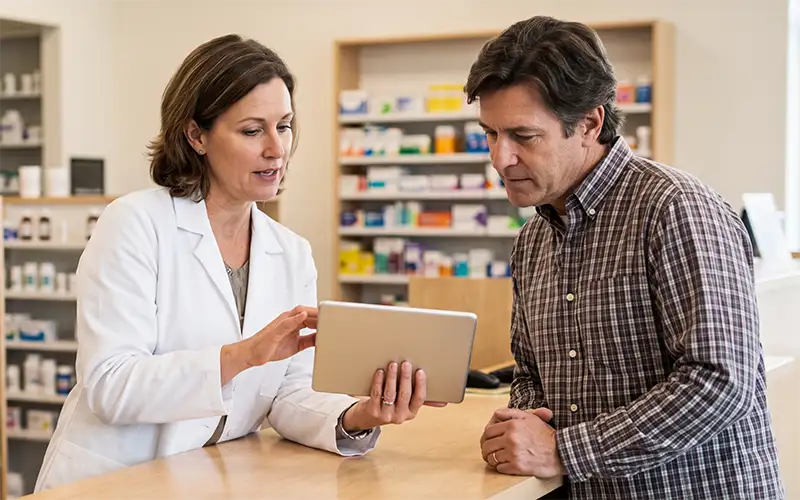 pharmacist helping patient with clinical trial options
