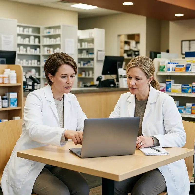pharmacists reviewing Pharmacy GPO benefits at a table in a pharmacy