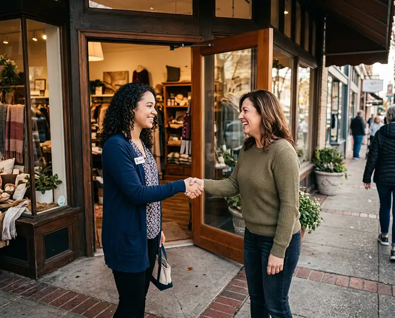 Friendly independent pharmacy employee introducing themselves to the owner of a local business