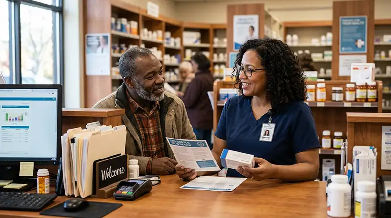Independent pharmacist having a friendly consultation with a patient